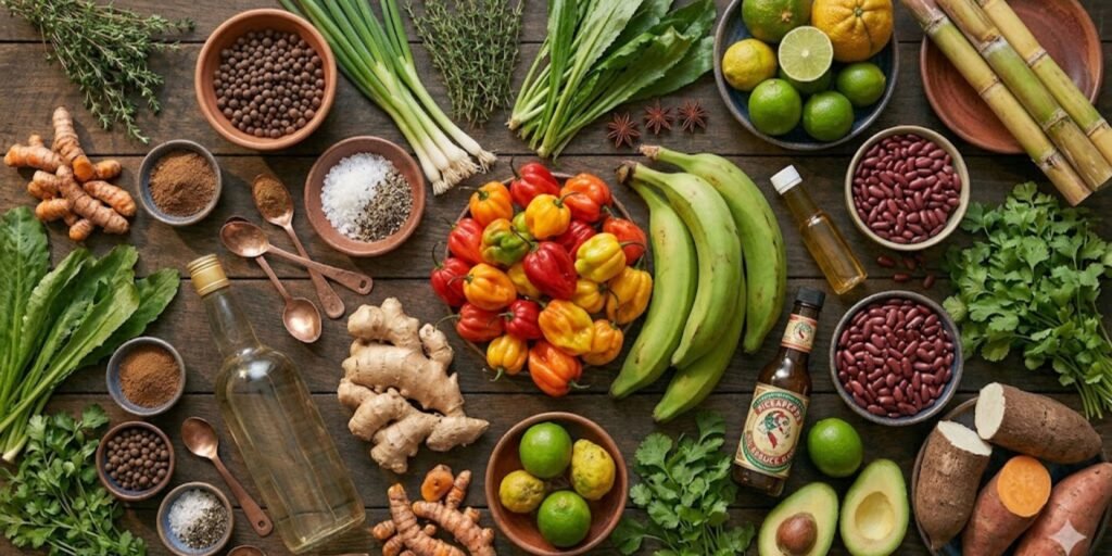 Health benefits of Jamaican Food highlighted through fresh vegetables, tropical fruits, lean proteins, and nutrient-rich traditional ingredients.