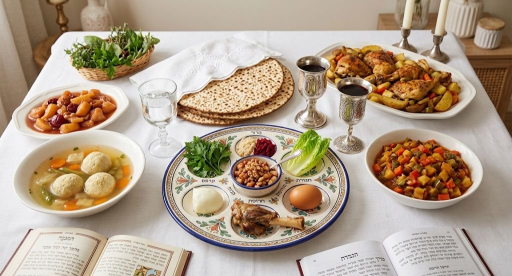 An overhead photograph of a traditional Passover (Pesach) Seder table spread set for a holiday meal on a white tablecloth. The central focus is an ornate, multi-compartment ceramic Seder plate with six symbolic items, labeled with Hebrew text: roasted shank bone, hard-boiled egg, charoset (apple-nut mixture), bitter herbs, lettuce, and parsley
