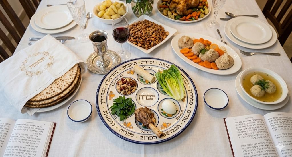 A top-down shot of a professional Passover Seder table setting featuring a traditional Seder plate with symbolic foods, matzo stacked under a white cloth, a silver goblet of wine, gefilte fish, matzo ball soup, and open Haggadah books on a crisp white tablecloth.