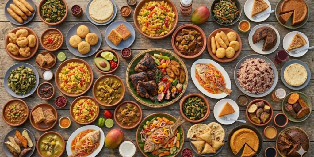 Jamaican Food displayed at a vibrant local street food market