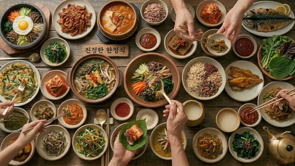 Authentic Korean food served in a traditional Korean restaurant, featuring classic dishes, side dishes, and Korean dining culture.