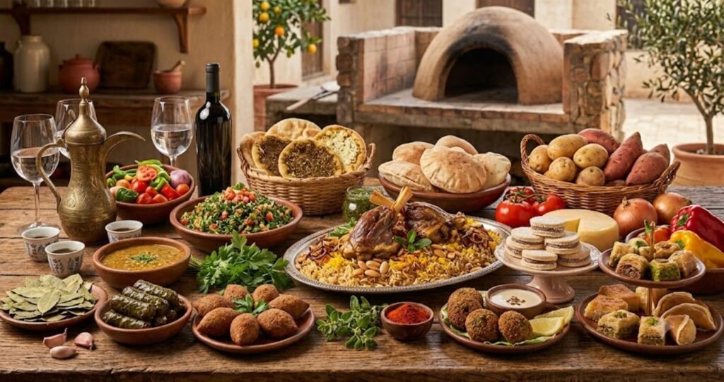 Traditional Arabic food featuring mezze, grilled meats, hummus, falafel, and freshly baked flatbread with authentic Middle Eastern flavors.