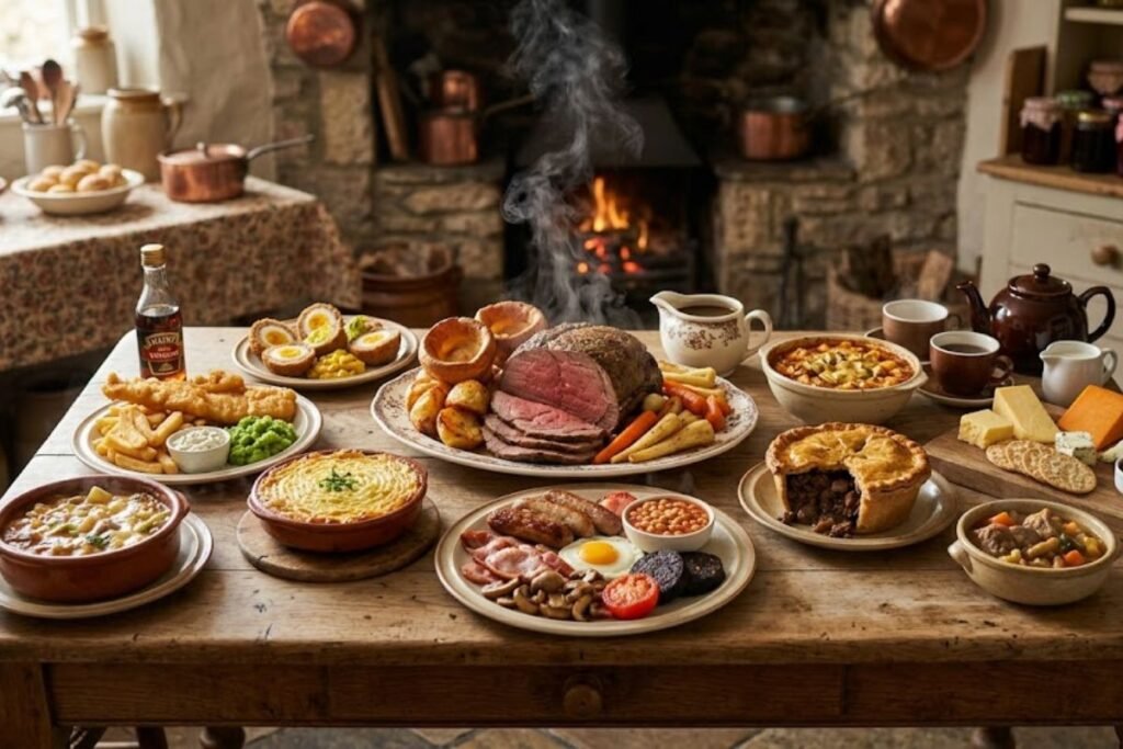 Traditional British foods featuring fish and chips, roast dinner, pies, vegetables, and classic desserts served on a rustic table.