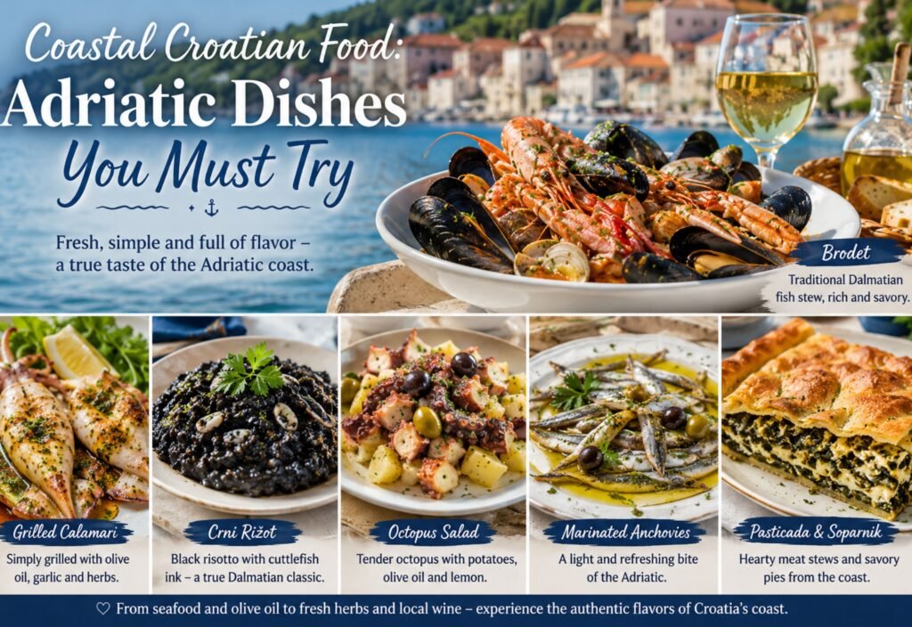 Coastal Croatian dishes featuring fresh seafood, black risotto, octopus salad, and traditional Adriatic cuisine.