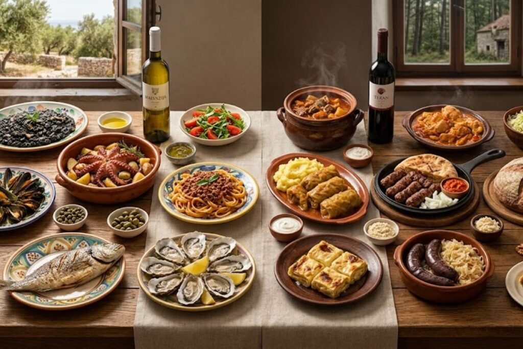Coastal and inland Croatian food comparison featuring fresh Adriatic seafood, hearty meat dishes, local vegetables, and regional specialties.