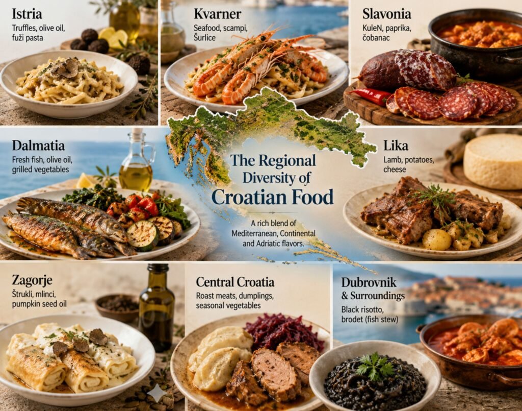 Croatian regional foods displayed around a map of Croatia, featuring seafood, meats, pasta, and traditional local dishes.