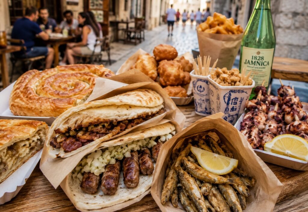 Authentic Croatian street food and snacks displayed on a rustic outdoor table, featuring flaky pastries, grilled meat sandwiches, crispy fried seafood, and traditional bites in a charming old-town setting with cobblestone streets and warm Mediterranean atmosphere