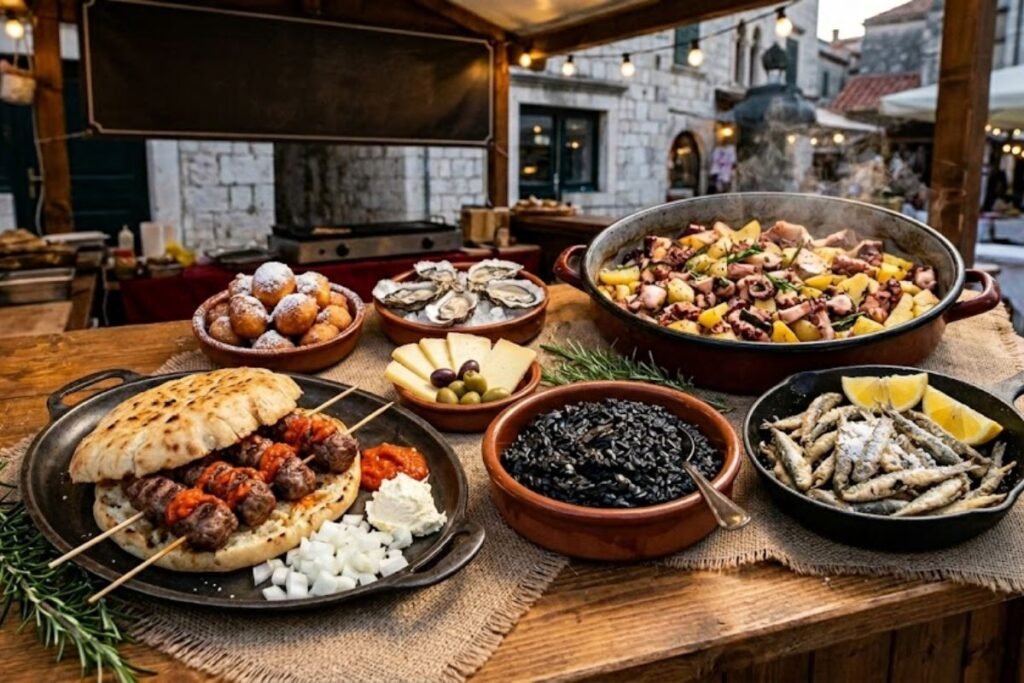 Delicious Croatian street food featuring savory pastries, grilled snacks, local sandwiches, and traditional treats from bustling markets.