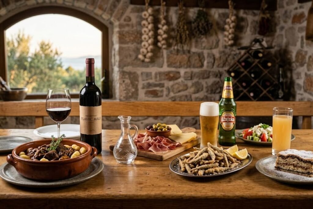Croatian food paired with local wines, craft beers, and traditional beverages served alongside authentic regional dishes.
