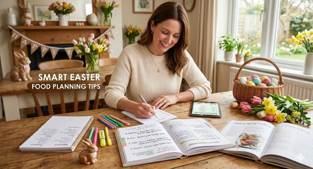 A woman seated at a wooden table, smiling and writing in a spiral notebook, surrounded by Easter-themed planning materials, recipe books, colorful pens, a tablet, baskets of eggs, and bouquets of spring flowers in a decorated home.