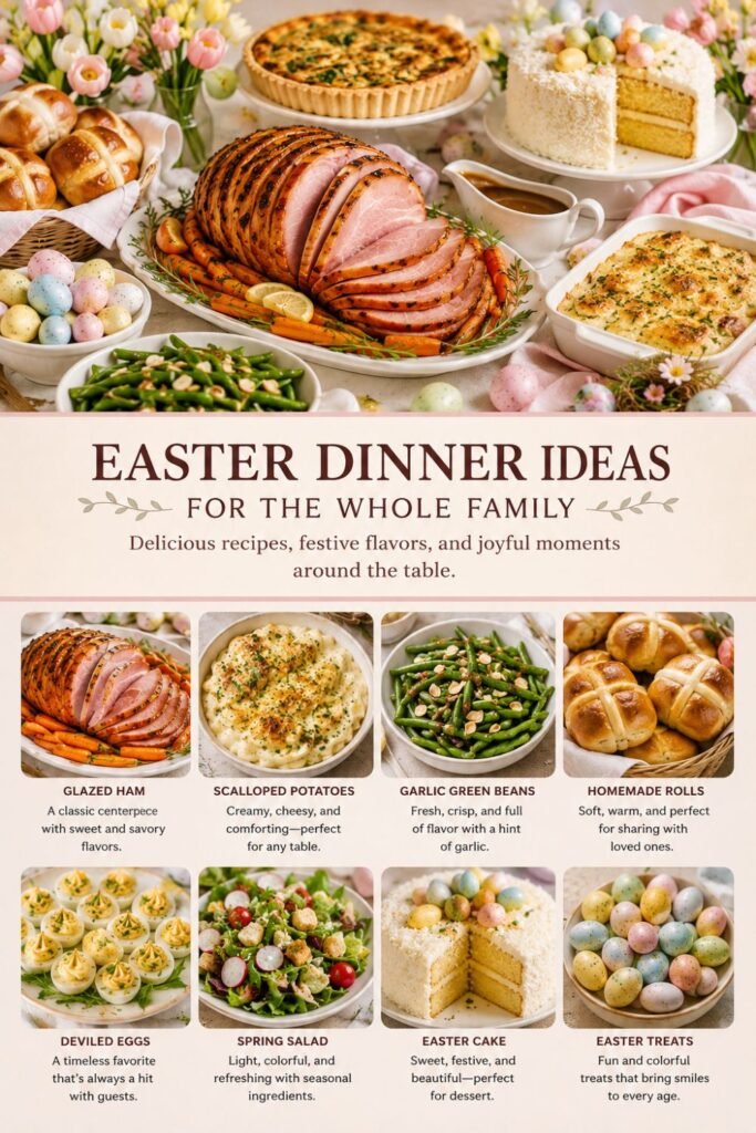 Festive Easter dinner table with glazed ham, side dishes, desserts, and colorful Easter treats.