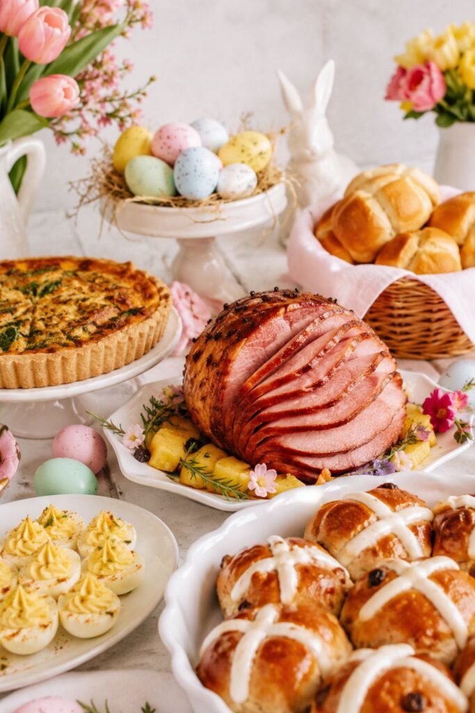 Elegant Easter food spread featuring glazed ham, hot cross buns, deviled eggs, quiche, pastel Easter eggs, and spring flowers.