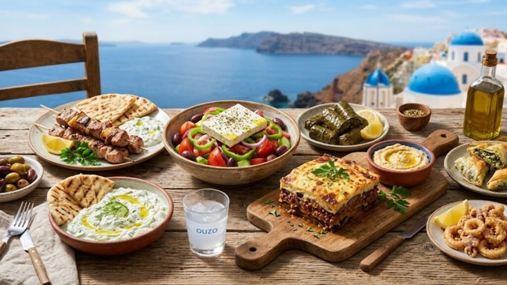 Traditional Greek food spread featuring fresh Mediterranean dishes, olives, feta cheese, grilled meats, seafood, and colorful vegetables.