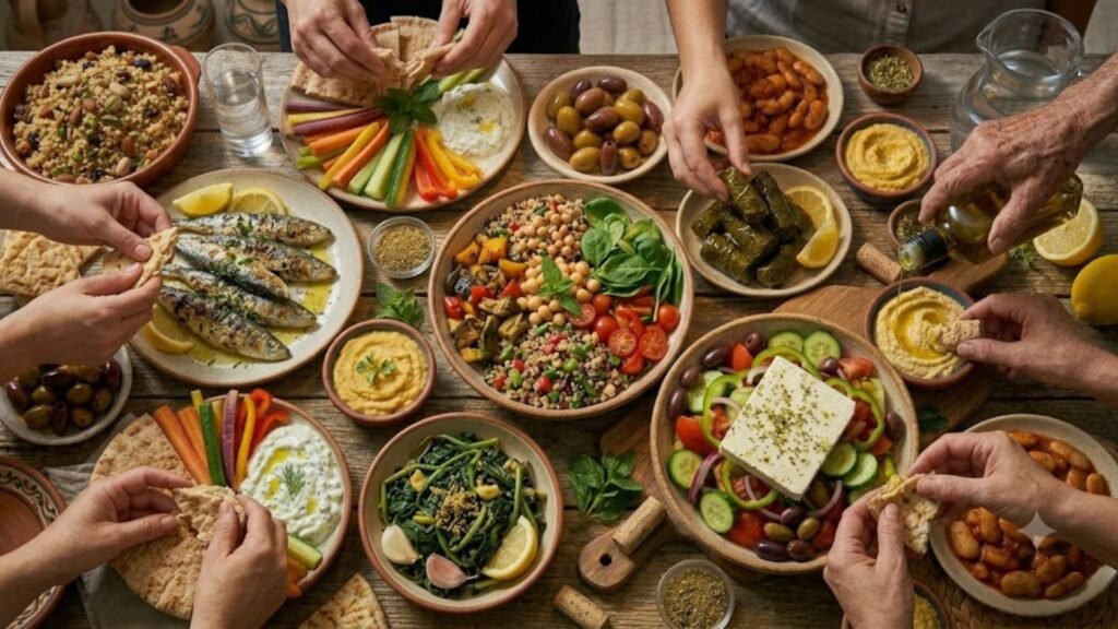 Greek food culture featuring a traditional family-style meal with authentic dishes shared during a festive gathering.