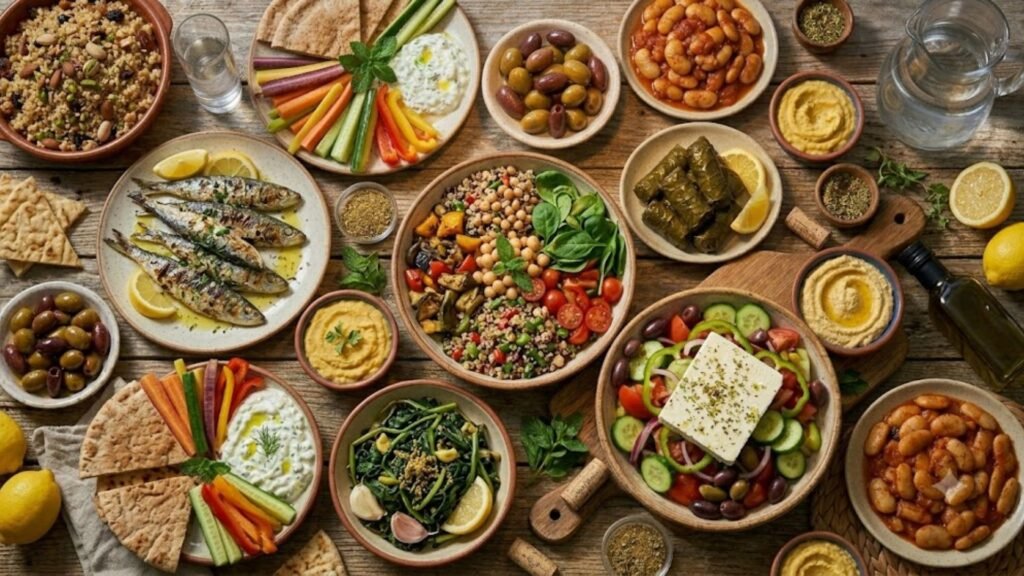 Healthy Greek food featuring fresh vegetables, olive oil, seafood, whole grains, and nutrient-rich Mediterranean ingredients.