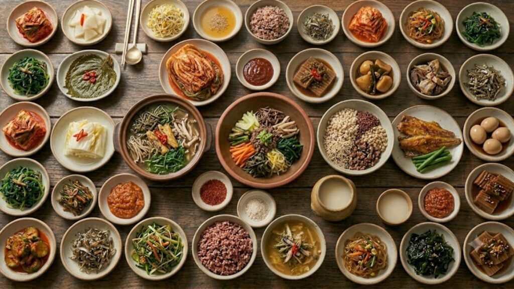 Healthy Korean food featuring kimchi, fresh vegetables, lean proteins, and nutrient-rich ingredients from Korean cuisine