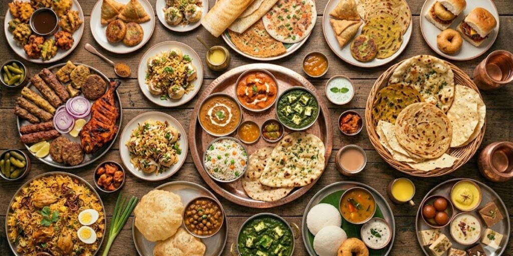 "A comprehensive top-down photograph of dozens of South Indian dishes, sweets, and spices in various plates and copper pots, arranged on a rustic wooden table