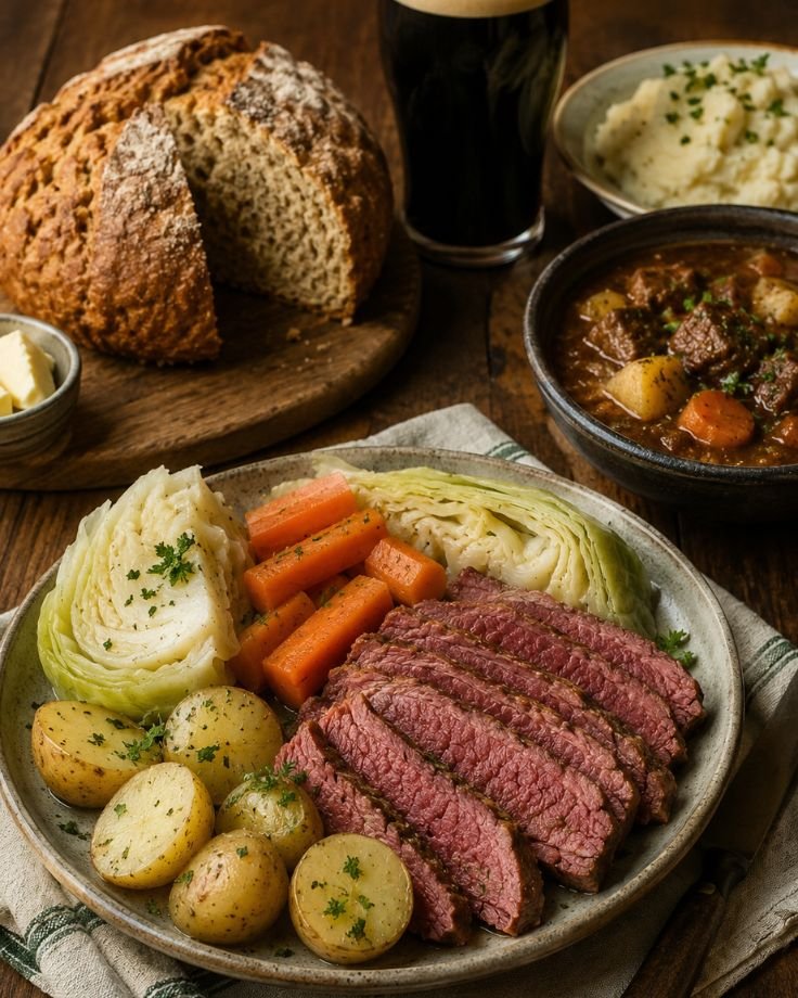 Traditional Irish foods displayed on a rustic wooden table, featuring hearty Irish stew, soda bread, colcannon, corned beef with cabbage, potatoes, and a pint of stout in a warm, cozy setting.