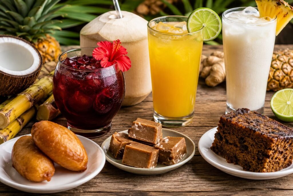 A professional food photography display of Jamaican beverages and sweet treats featuring refreshing tropical drinks, coconut water, fruit juices, creamy smoothies, traditional cakes, sweet fudge, and pastries arranged on a rustic wooden table with fresh tropical fruits and vibrant Caribbean-inspired styling.