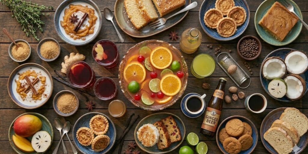 Jamaican drinks and desserts featuring sorrel drink, rum cake, sweet potato pudding, and traditional Caribbean sweets.
