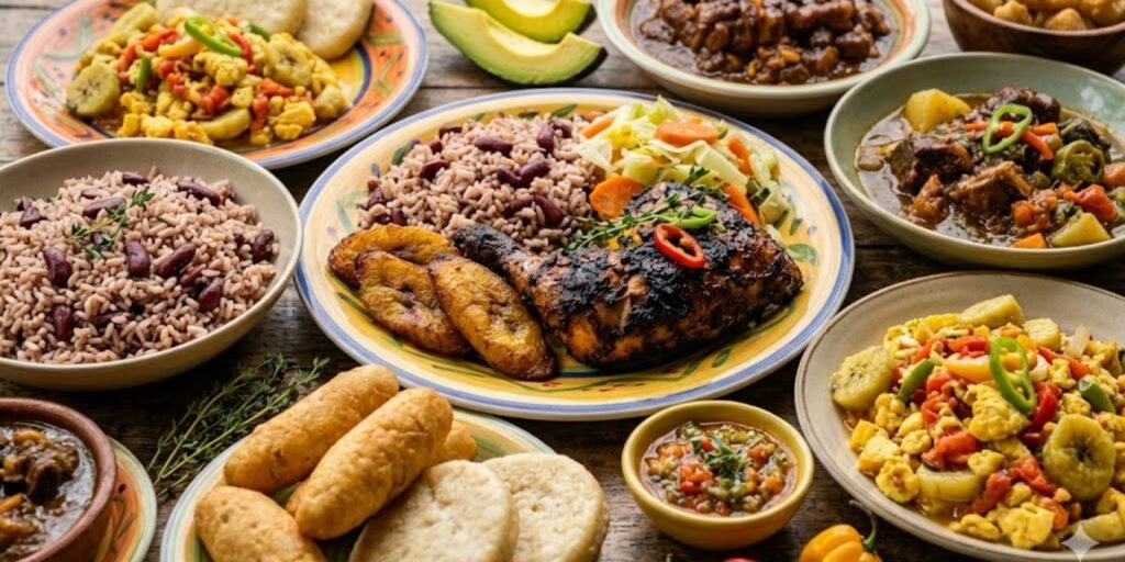 Authentic Jamaican Food featuring jerk chicken, rice and peas, fried plantains, and vibrant Caribbean flavors on a traditional island-inspired table.