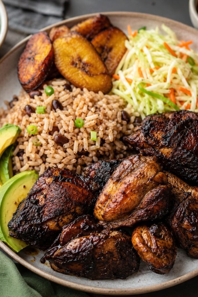 A professional food photography scene featuring Jamaican jerk chicken with rice and peas, fried plantains, fresh avocado slices, and crisp coleslaw arranged on a rustic plate under natural lighting.