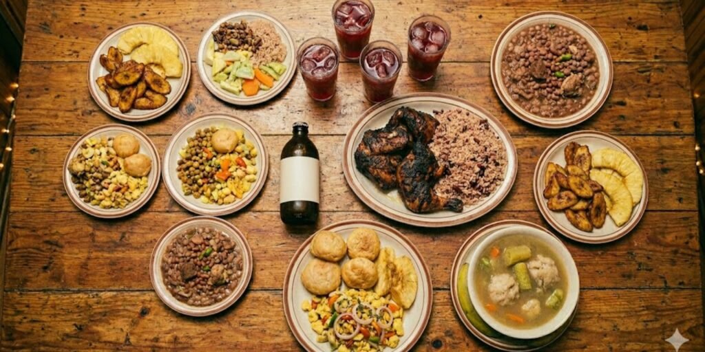 Jamaican Food culture and dining traditions showcasing family meals, traditional dishes, community gatherings, and Caribbean hospitality.