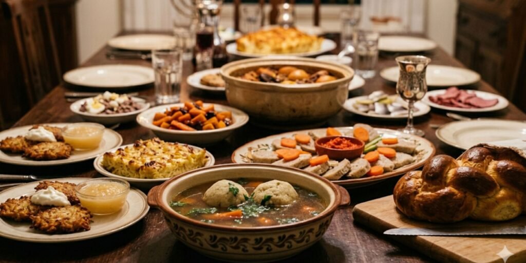 A Jewish family sitting around a wooden dining table filled with traditional foods like challah bread, matzo ball soup, and latkes.