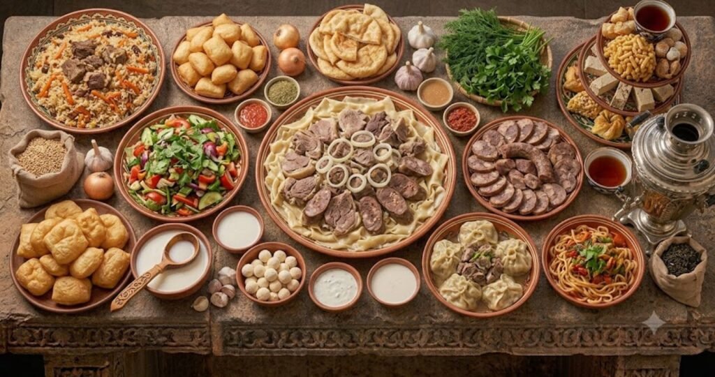 Traditional Kazakhstan food featuring beshbarmak, kazy, baursak, and authentic Central Asian dishes served with fresh ingredients.