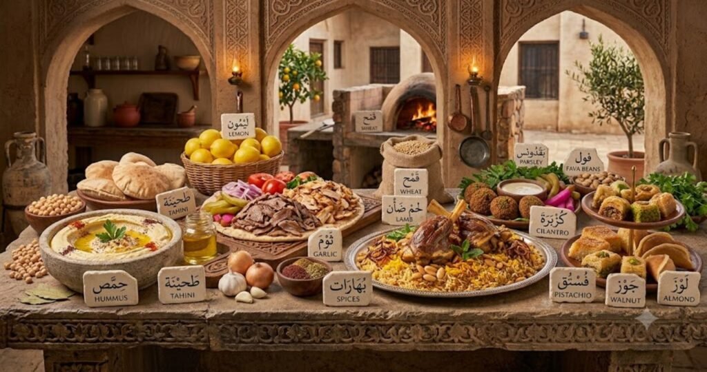 Essential Arabic food ingredients including olive oil, chickpeas, tahini, lamb, rice, fresh herbs, spices, and flatbread.