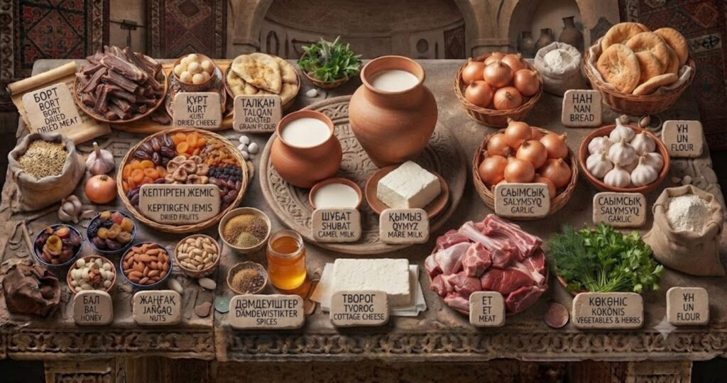 Key ingredients used in Kazakhstan Food, including horse meat, lamb, beef, dairy products, wheat, and traditional Central Asian spices.