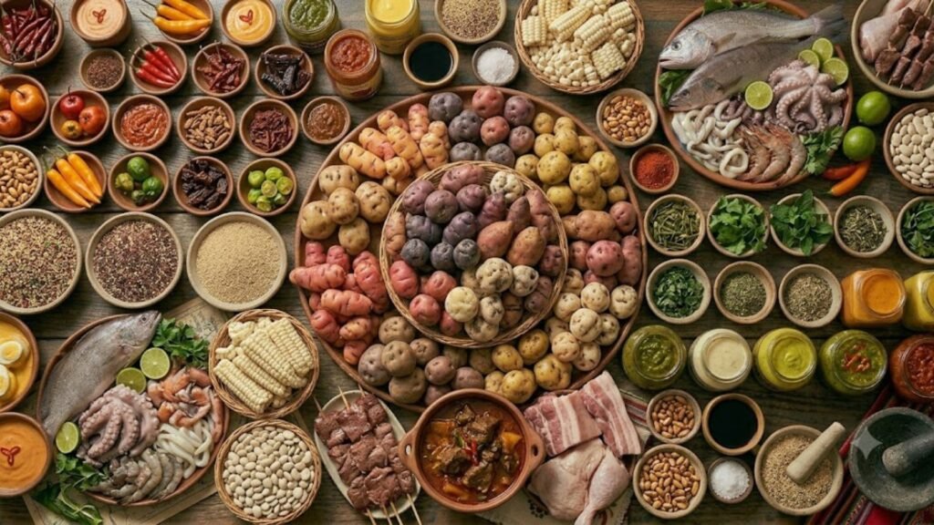 Essential Peruvian food ingredients including potatoes, corn, chili peppers, fresh seafood, quinoa, and traditional seasonings.