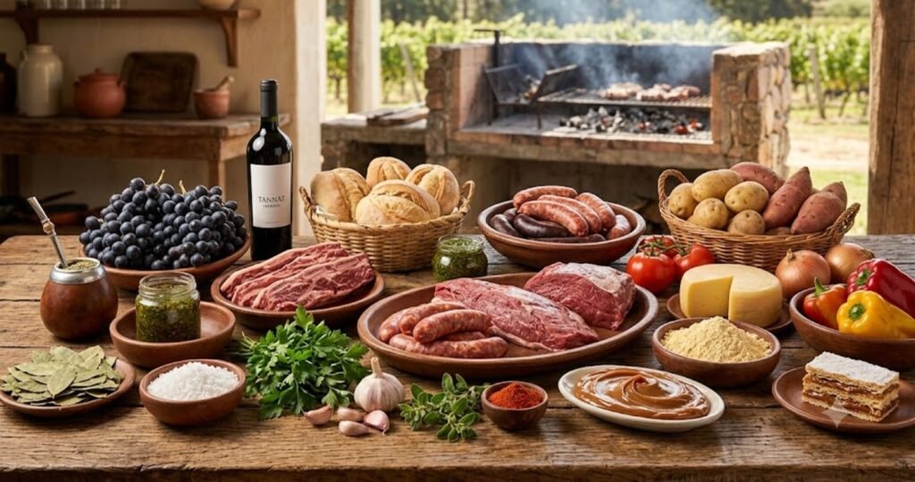 Essential ingredients used in Uruguay food, including beef, chimichurri, cheese, bread, olive oil, and fresh vegetables.