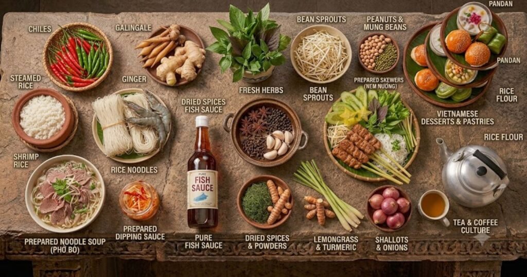 Essential Vietnamese food ingredients including rice noodles, fish sauce, fresh herbs, lemongrass, garlic, chili, lime, and vegetables.
