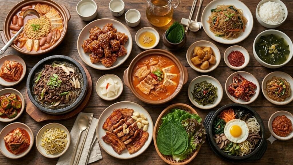 Traditional Korean food spread featuring kimchi, bibimbap, bulgogi, fresh vegetables, and healthy Korean dishes.