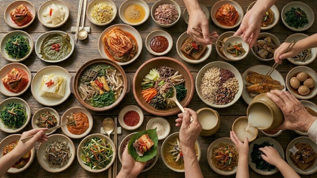 Korean food culture featuring a traditional dining table with shared dishes, side dishes, and authentic Korean meal traditions.