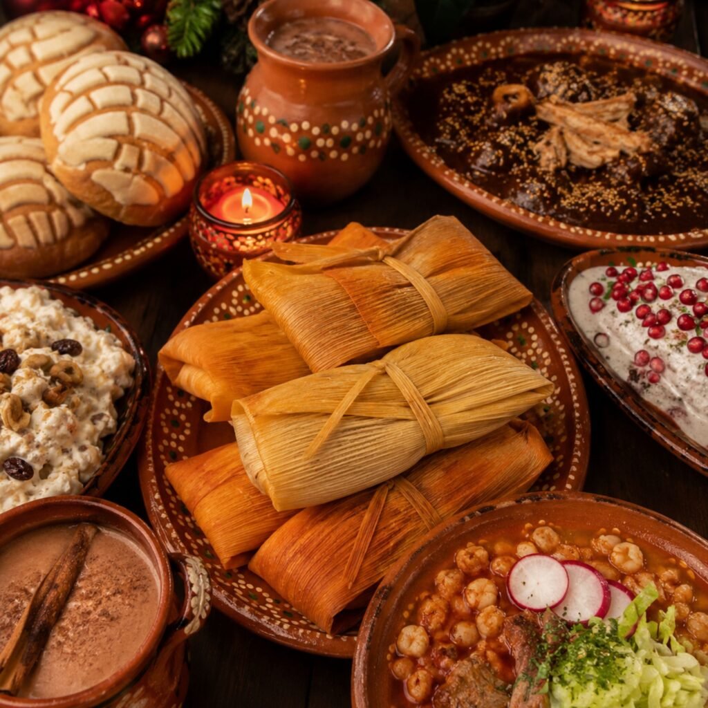 Traditional Mexican Christmas feast featuring tamales, pozole, mole, sweet bread, and festive holiday decorations arranged on a rustic wooden table with warm candlelight.