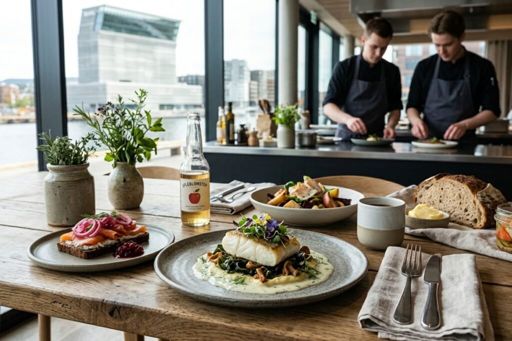 A professional culinary photograph showcasing modern Norwegian food trends on a rustic wooden table in a contemporary waterfront restaurant