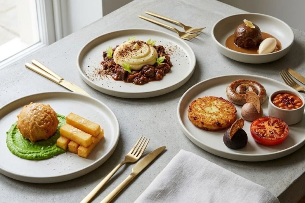 Modern British meals inspired by classic cuisine, featuring contemporary plating of traditional dishes with fresh ingredients and updated cooking styles.