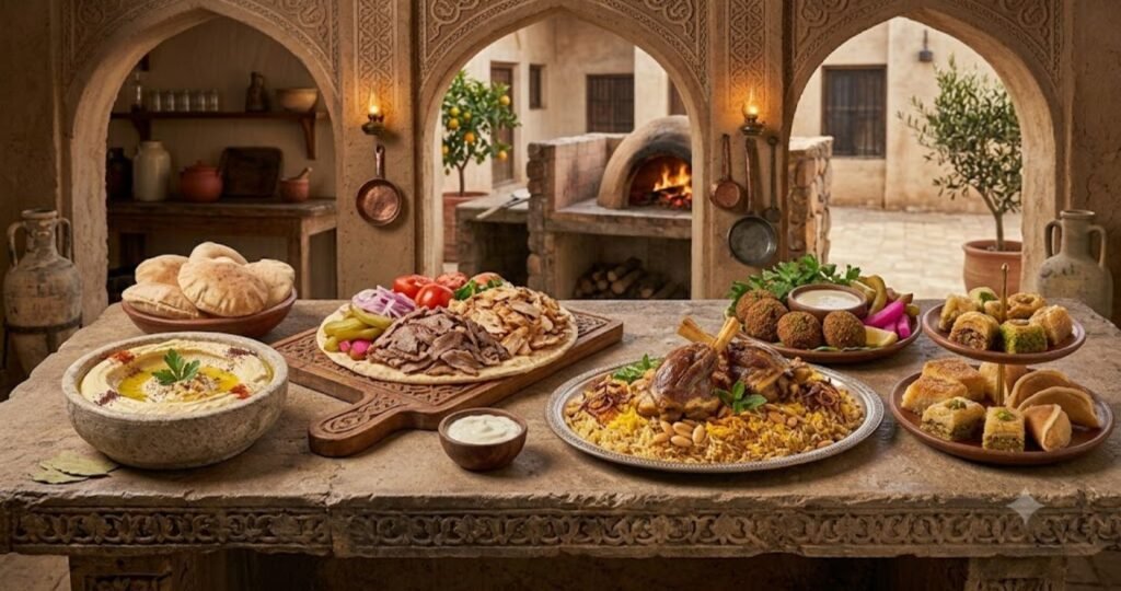Popular Arabic food dishes including hummus, falafel, shawarma, kebabs, tabbouleh, and baklava served in a traditional Middle Eastern feast.