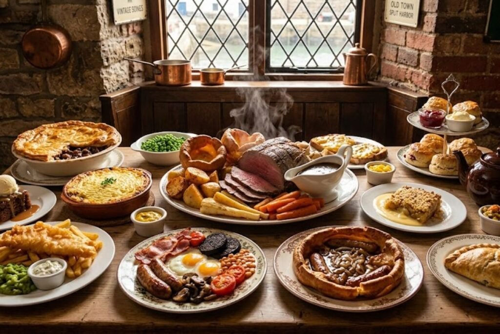 Popular British foods featuring fish and chips, roast dinner, savory pies, full English breakfast, and classic comfort dishes.