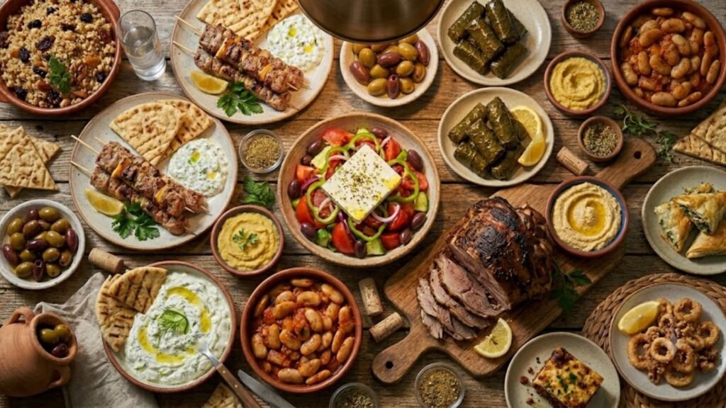 Assortment of popular Greek food dishes including moussaka, souvlaki, Greek salad, tzatziki, and baklava.