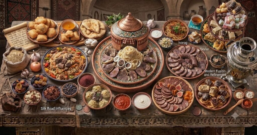 Traditional Kazakhstan Food dishes including beshbarmak, kazy, baursak, plov, and kumis served with authentic Central Asian flavors.