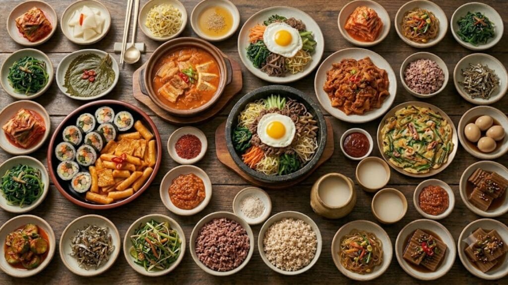 Popular Korean food dishes including bibimbap, bulgogi, kimchi, tteokbokki, and Korean barbecue served on a traditional table.
