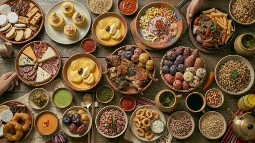 Popular Peruvian food dishes including ceviche, lomo saltado, ají de gallina, causa, and other traditional Peruvian specialties.