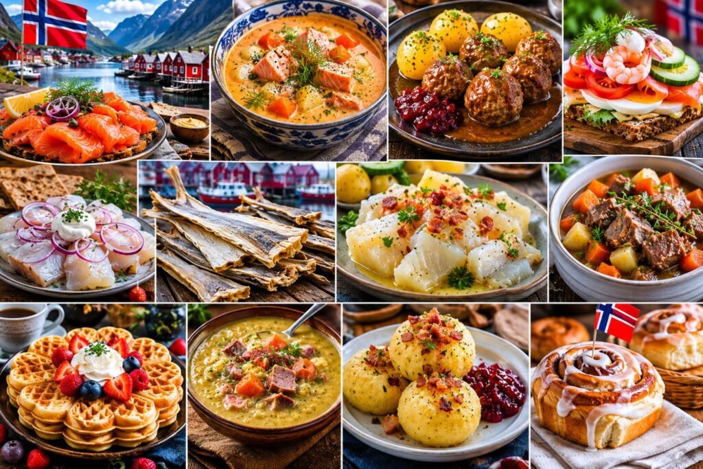 A professional collage of traditional Norwegian food dishes featuring meatballs with potatoes and lingonberry sauce, creamy stews, open-faced salmon sandwiches, smoked fish, flatbread, fish soup, grilled salmon, root vegetable mash, and heart-shaped waffles. The dishes are arranged on rustic wooden tables with warm Nordic styling, highlighting the rich culinary heritage of Norway.