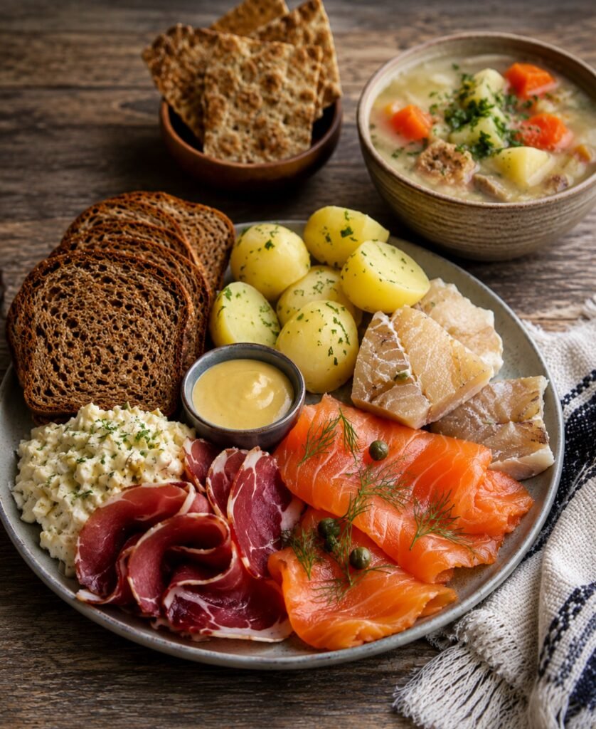 A beautifully styled Norwegian-inspired food spread featuring smoked salmon, cured fish, boiled potatoes, dark rye bread, creamy salad, crispbread, and a warm soup served on a rustic wooden table with natural lighting