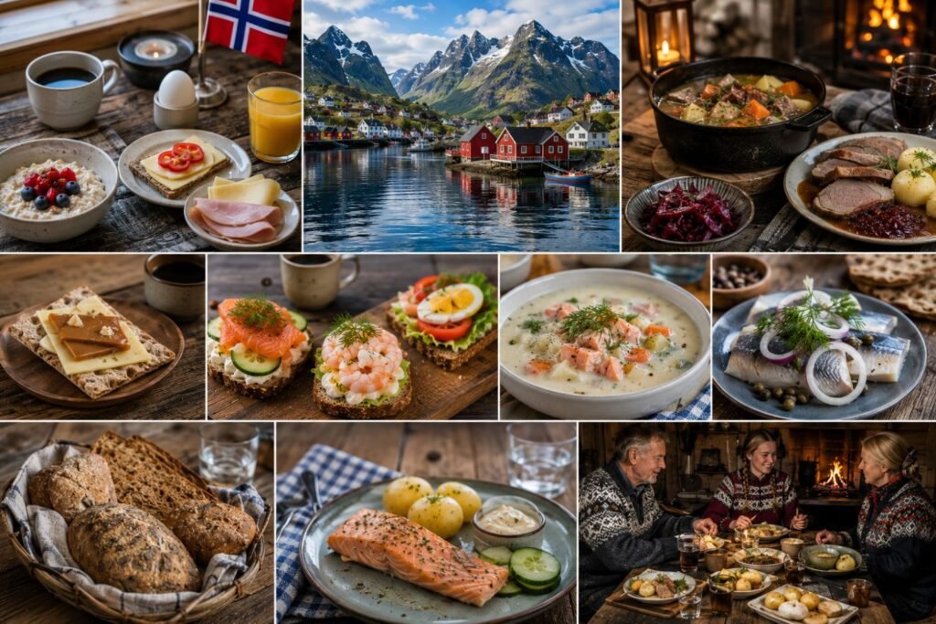 A professional collage illustrating Norwegian food traditions throughout the day, featuring a traditional breakfast with bread, cheese, eggs, and coffee; open-faced sandwiches and seafood dishes for lunch; and hearty dinners with salmon, soups, potatoes, and roasted meats. The scene includes rustic Nordic table settings, family dining moments, fresh ingredients, and scenic Norwegian fjord landscapes that reflect the warmth and heritage of Norway’s food culture.