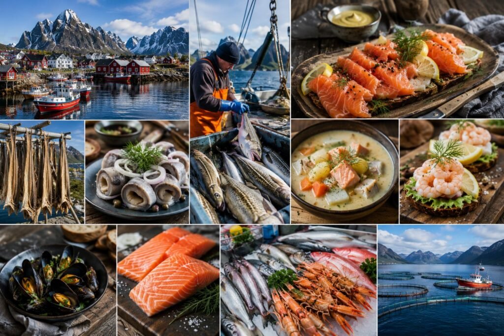 A professional collage highlighting Norwegian seafood culture, featuring fresh salmon fillets, smoked fish, shrimp sandwiches, seafood chowder, mussels, dried cod, fishing boats, coastal villages, fish markets, and aquaculture farms set against dramatic Norwegian fjords and mountain landscapes. The image captures the deep connection between Norway’s fishing heritage and its world-famous seafood cuisine.