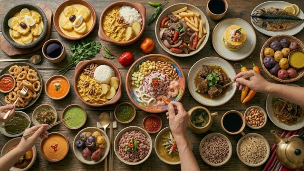 Traditional Peruvian food spread featuring ceviche, lomo saltado, fresh seafood, colorful vegetables, and authentic Peruvian flavors.